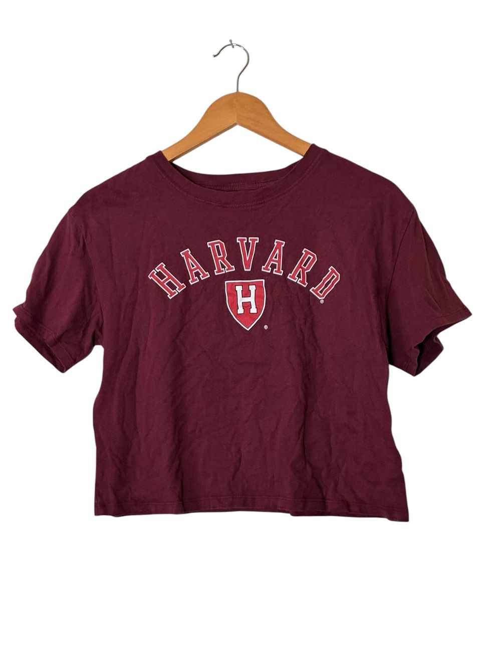 Gold Rush | Burgundy cotton cropped short sleeve t-shirt Harvard logo top medium
